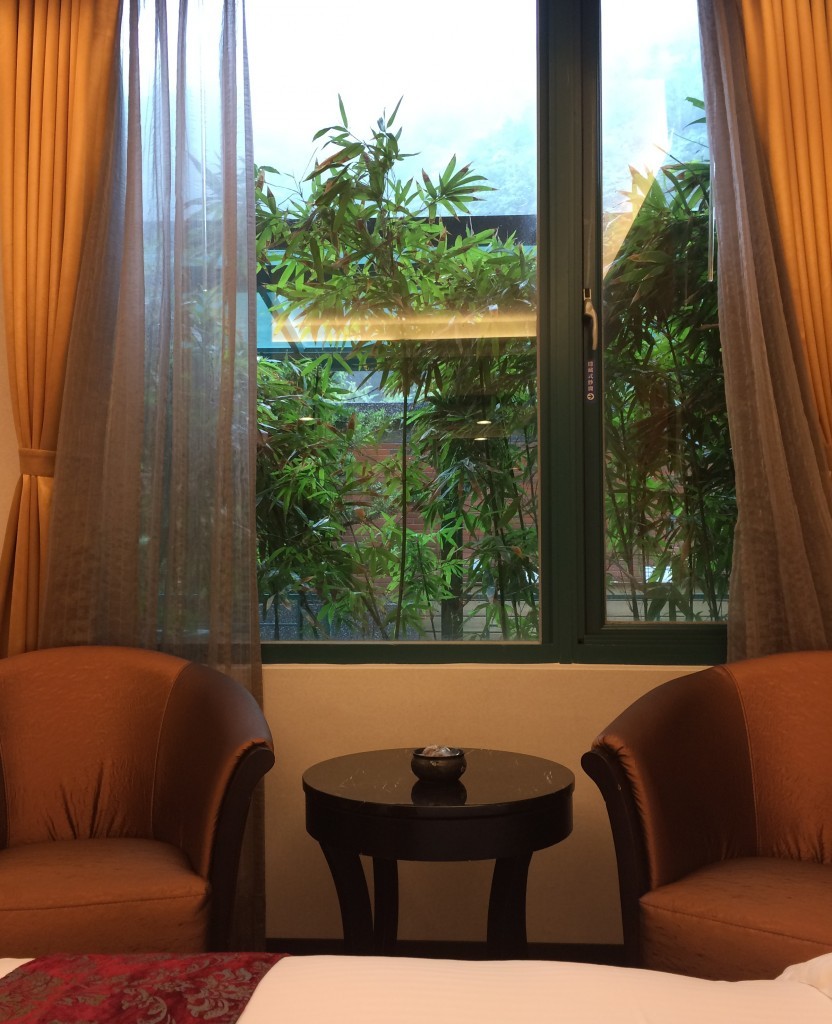 從房內就可遠眺山景，窗外植有竹林，加上窗簾可確保隱私。