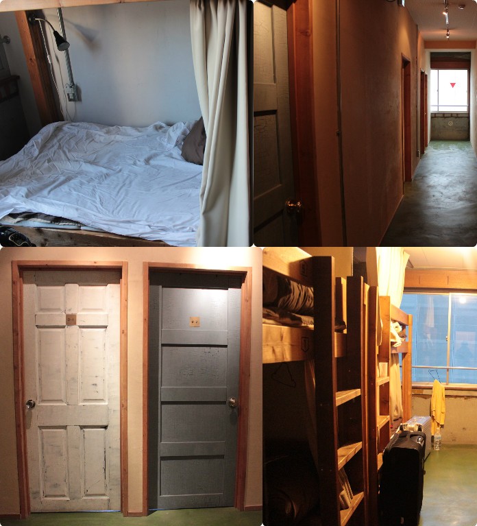 Nui房間，左上，我的小床位；右上，走廊，走粗曠大方風；右下，房內；左下，門口 