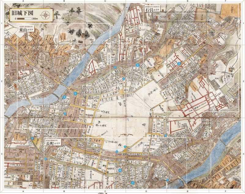 金澤古地圖，上方為淺野川，下方為犀川，兩條河流中間是城市的心臟位置，至今仍是如此。